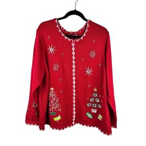 Traditions Christmas Tree Snowflake Red Zip Up Cardigan Sweater‎ Women's 2X